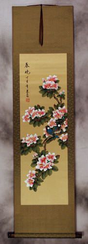 Hints of Spring - Birds & Peach Blossoms Wall Scroll