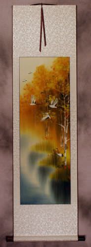 Autumn Rhyme - Colorful Asian Cranes Wall Scroll