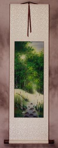 Singing Cranes - Asian Mountain Stream Small Wall Scroll