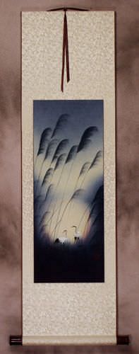 Colorful Asian Cranes Wall Scroll