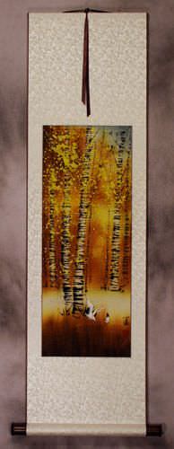 Autumn in Birch Forest - Asian Cranes - Small Wall Scroll