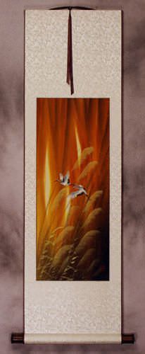 Autumn Flight - Asian Cranes - Small Wall Scroll