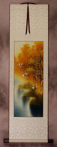 Autumn Rhyme - Colorful Cranes - Small Wall Scroll