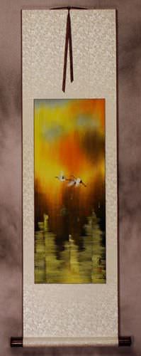 Cranes Taking Flight in Autumn - Small Wall Scroll