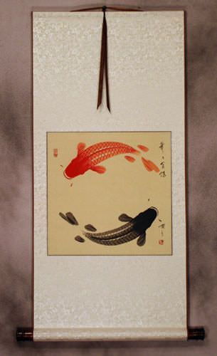 Antiqued Yin Yang Fish Silk Wall Scroll