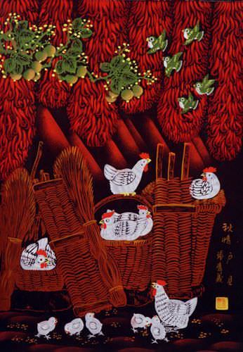Autumn Feeling - Chickens Folk Art Painting