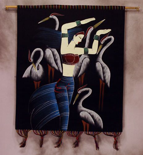 Tribal Ethnic Woman and Birds Colorful Batik Wall Hanging Art
