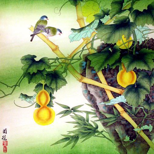 Nature's Green - Birds and Gourds - Asian Painting