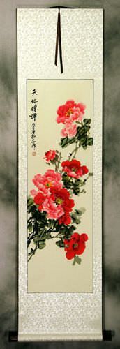 Deep Red and Pink Peony Flower Wall Scroll