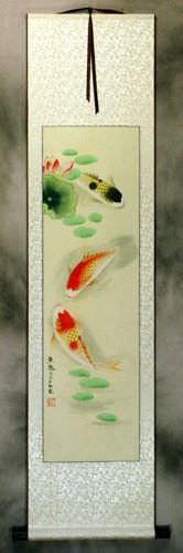 Koi Fish Having Fun in Lotus Pond Wall Scroll