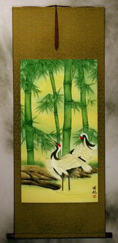 Big Cranes and Green Bamboo Wall Scroll