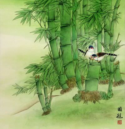 Birds and Green Bamboo Painting