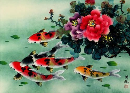 Koi Fish & Peony Flowers Art