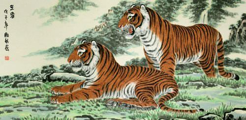 Chinese Tigers on Alert Painting