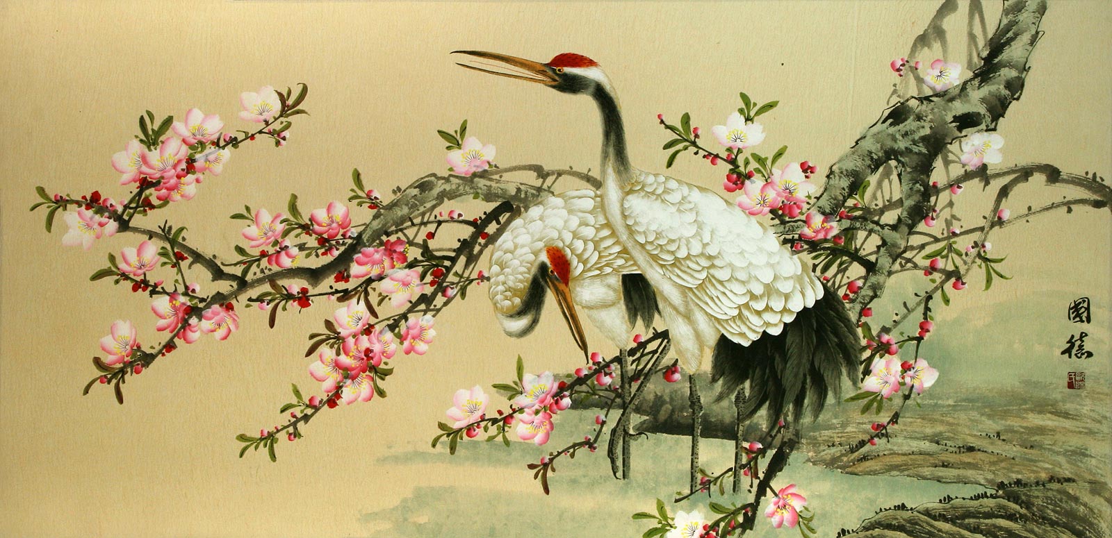 large asian cranes and blossoms painting birds amp flowers large asian cranes and blossoms painting birds amp flowers
