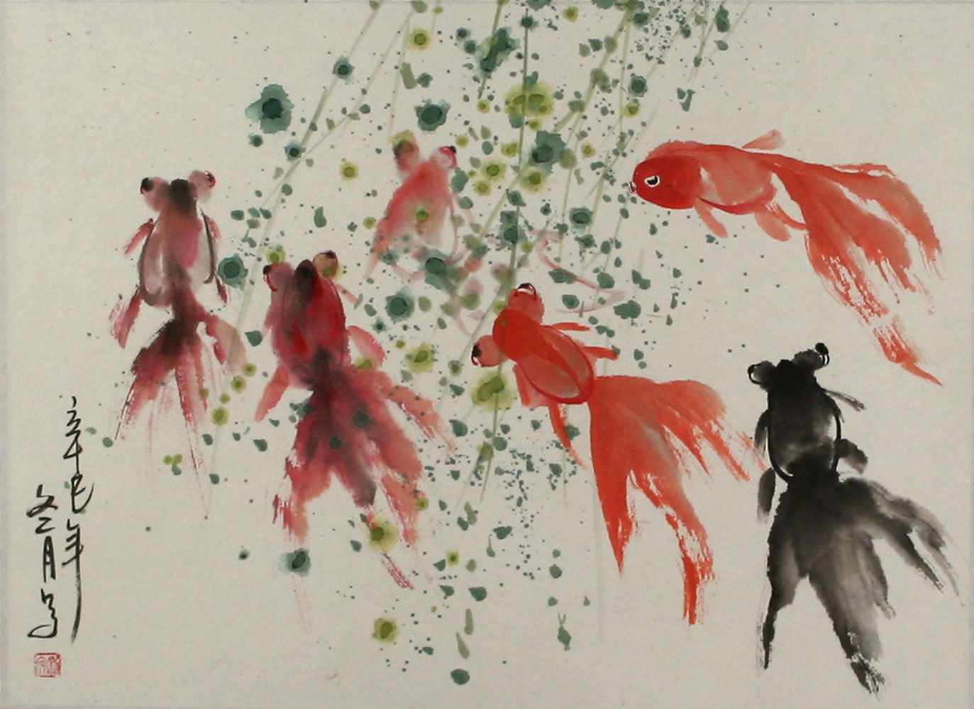 Gold Fish in Winter - Chinese Freehand Painting - Asian Koi Fish