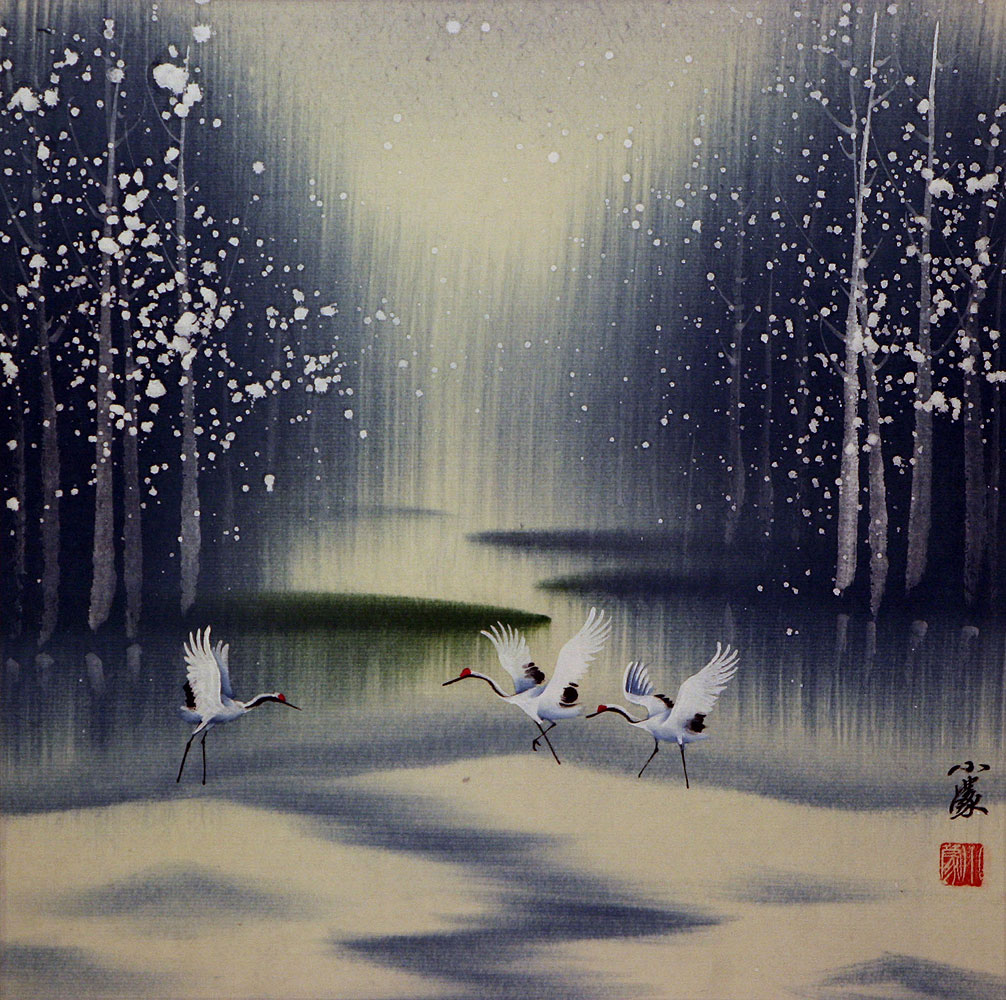 Cranes Winter Watercolor Painting - Asian Art