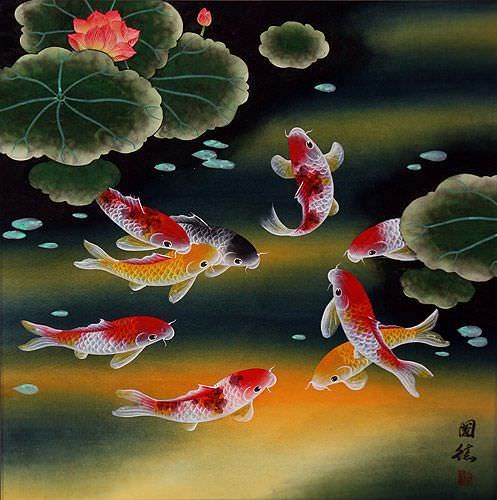 true love calligraphy Fish Asian Koi Nine and  Flowers  Painting Asian Lotus