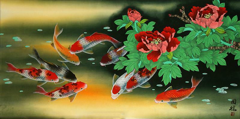 Large Koi Fish and Flower Painting - Chinese Artwork