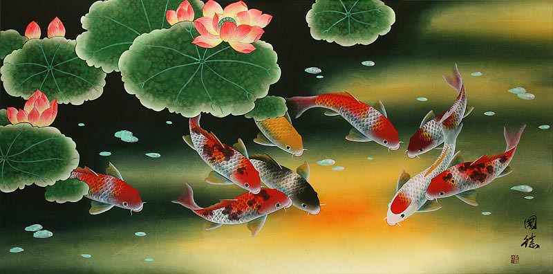Huge Koi Fish and Lily Elaborate Painting - Chinese Art