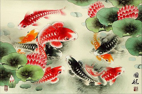 peace harmony calligraphy love Colorful Art and  Asian  Flower Koi Fish Lotus Painting