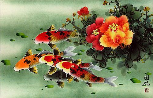 peace harmony love calligraphy Fish  & Koi Fish Asian Flowers Peony Painting Koi