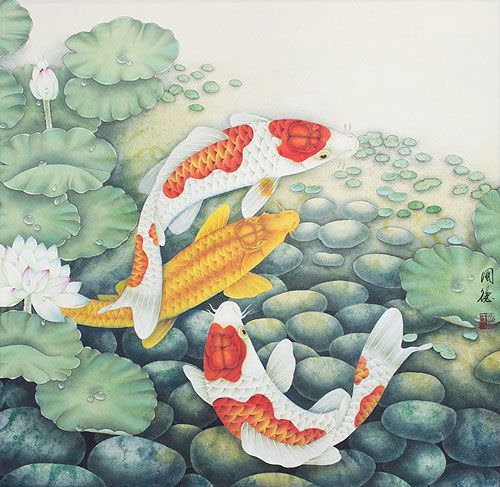 calligraphy peace love harmony Fish Lotus  Asian Painting  Koi  Koi Flowers Large and
