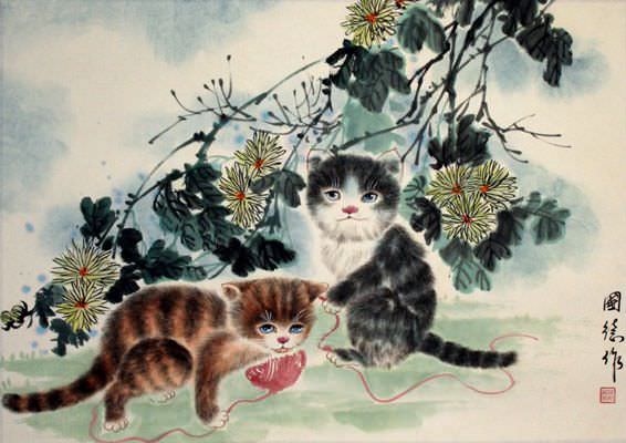 true love calligraphy Cats Kittens Cute  at  Chinese  Animals: Play Painting