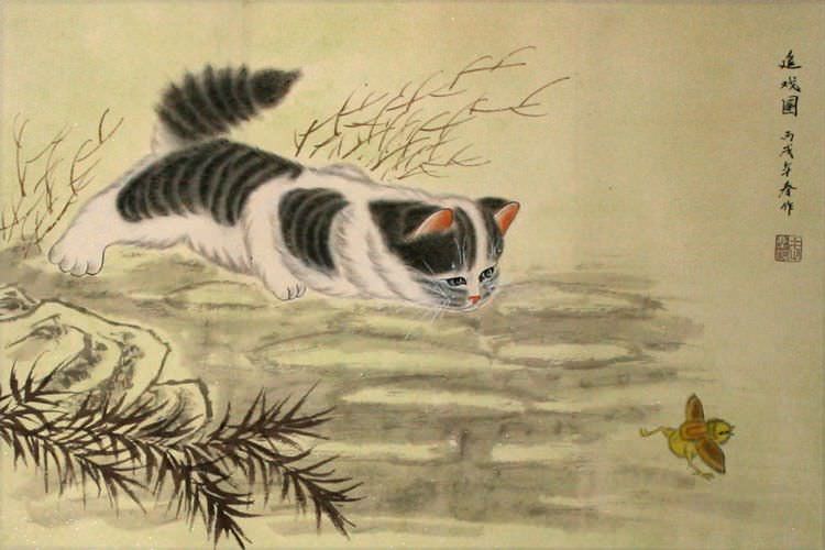 Kitten Chasing Bird - Asian Painting - Cute Animals: Cats, Kittens
