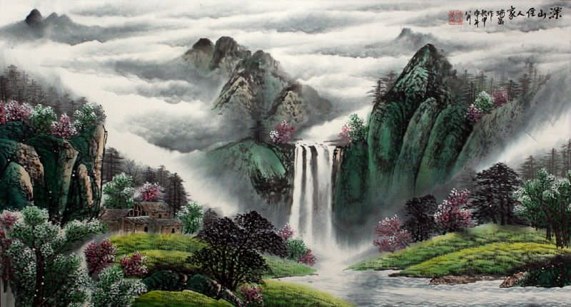 Chinese Mountain Valley Waterfall Landscape Painting Chinese Mountain Valley Waterfall Landscape Painting