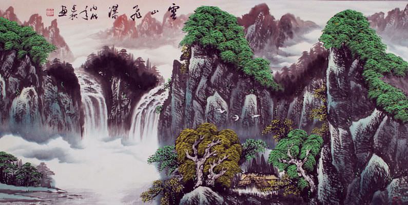 true love calligraphy Cloudy Art Mountain Landscape Asian  Waterfall