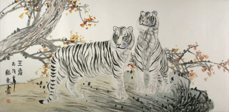 Chinese White Tigers on Alert - Tigers & Dragons Paintings and Wall