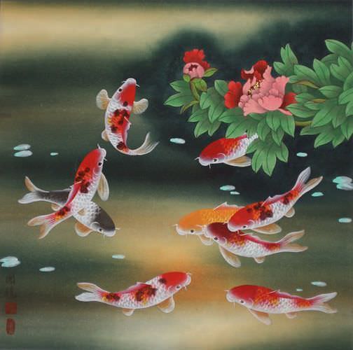Nine Koi Fish and Flowers Chinese Painting Asian Koi