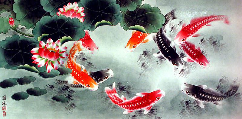 Koi Fish and Lotus Flower - Colorful Large Painting - Asian Koi Fish